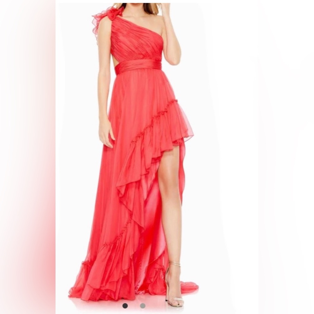 Mac Duggal One Shoulder Ruffle Tiered Chiffon Maxi Gown